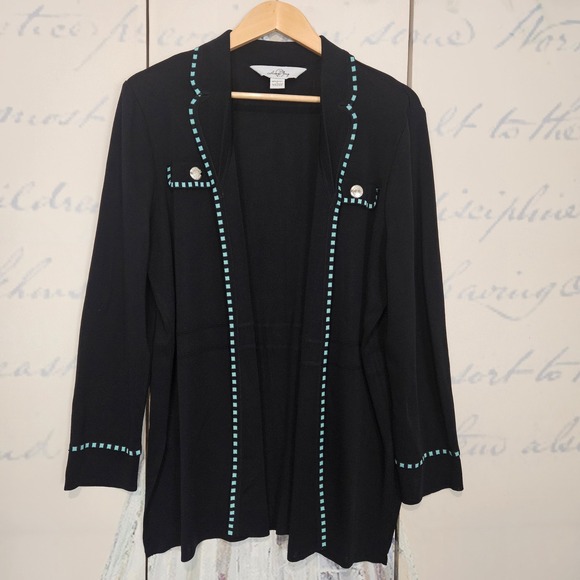 Ming Wang Womens Black Cardigan Sweater Blazer Teal Trim Buttons Size L - Picture 1 of 6